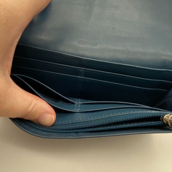 Coach Kristin leather wallet silver buckle bill fold pocket book teal green blue - Picture 13 of 16